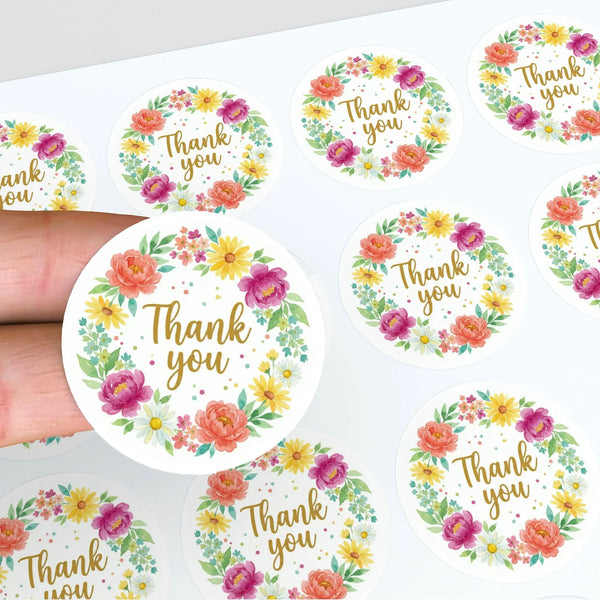 Thank You Stickers | Watercolour Floral Wreath Packaging Labels Gift Wrapping - Sticksy Prints Australia