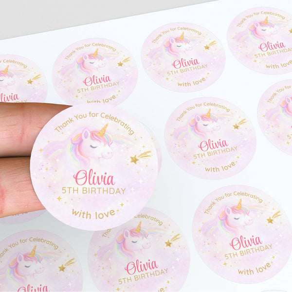 Pastel Unicorn Thank You Stickers – Custom Name Kids Birthday Party Favour Labels
