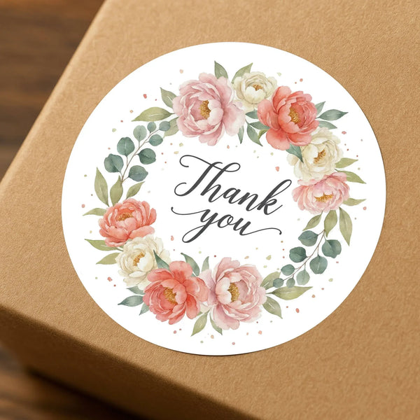 Thank You Watercolour Floral Wreath Stickers Packaging Labels | Small Business Australia - Sticksy Prints Australia