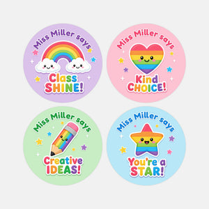 Personalised Rainbow Reward Stickers for Teachers | Colourful Classroom Praise Labels