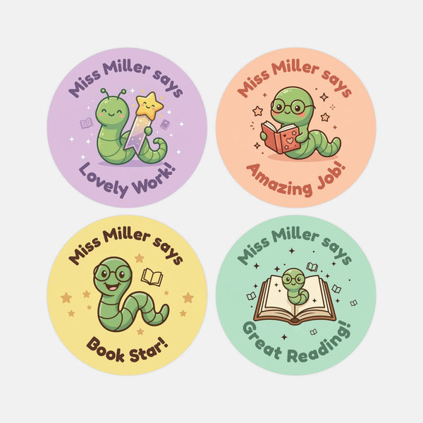 Personalised Bookworm Reward Stickers for Teachers | Cute Reading Classroom Praise Labels