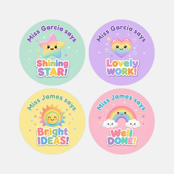 Personalised Pastel Rainbow Reward Stickers for Teachers | Cute Classroom Praise Labels