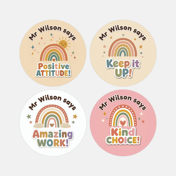 Personalised Boho Rainbow Reward Stickers for Teachers | Neutral Classroom Praise Labels