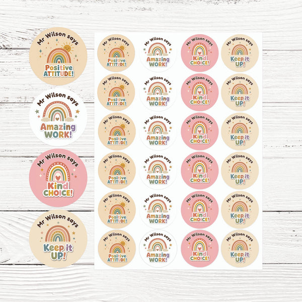 Personalised Boho Rainbow Reward Stickers for Teachers | Neutral Classroom Praise Labels
