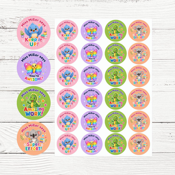 Personalised Animal Reward Stickers for Teachers | Bright Classroom Praise Labels