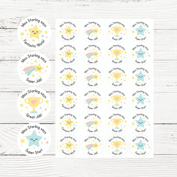 Sheet of colourful personalised teacher reward stickers with stars, trophies and positive messages