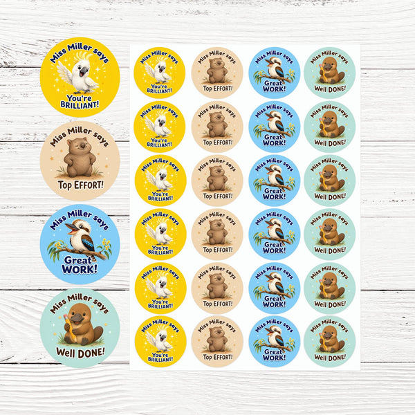 Personalised Australian Animal Reward Stickers for Teachers | Cute Classroom Praise Labels
