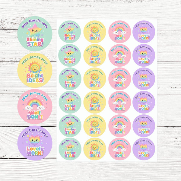 Personalised Pastel Rainbow Reward Stickers for Teachers | Cute Classroom Praise Labels