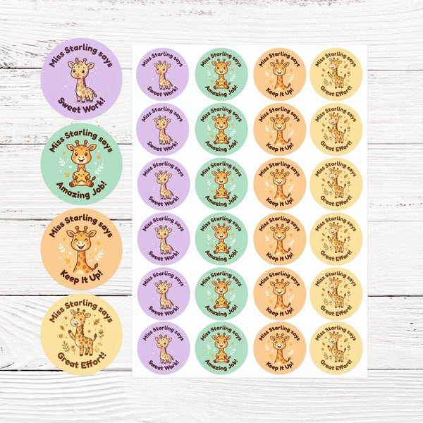 Personalised Giraffe Reward Stickers for Teachers | Cute Classroom Praise Labels