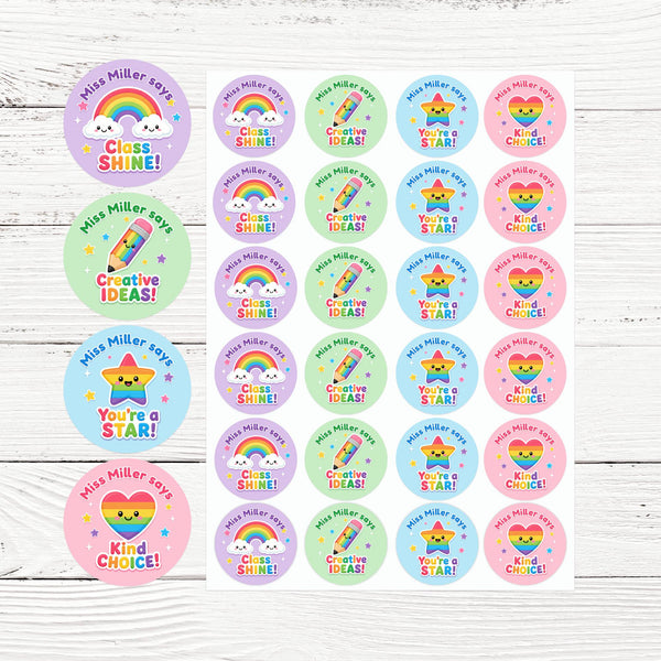 Personalised Rainbow Reward Stickers for Teachers | Colourful Classroom Praise Labels