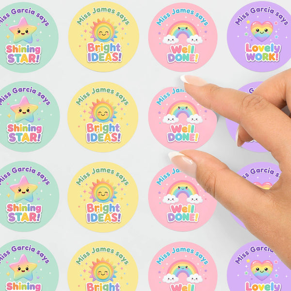 Personalised Pastel Rainbow Reward Stickers for Teachers | Cute Classroom Praise Labels
