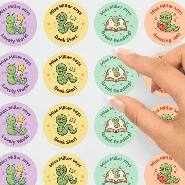 Personalised Bookworm Reward Stickers for Teachers | Cute Reading Classroom Praise Labels