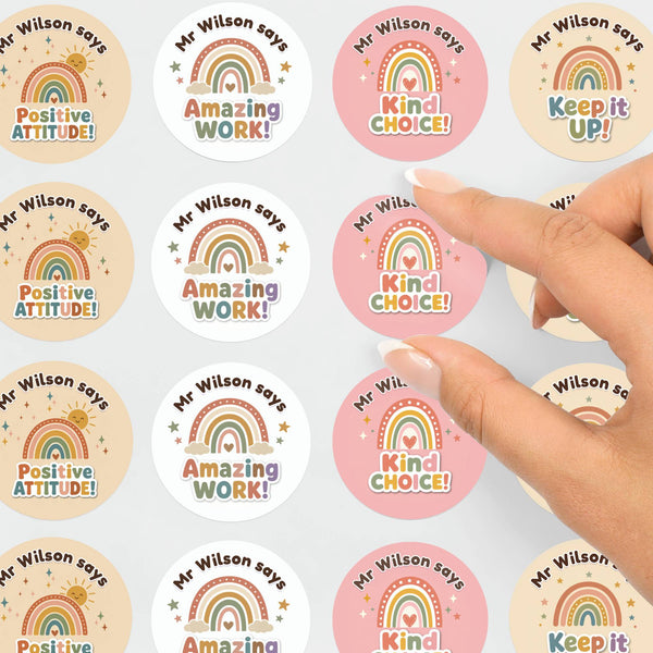 Personalised Boho Rainbow Reward Stickers for Teachers | Neutral Classroom Praise Labels