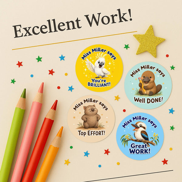 Personalised Australian Animal Reward Stickers for Teachers | Cute Classroom Praise Labels