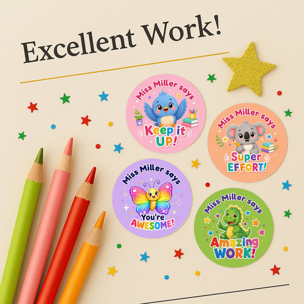 Personalised Animal Reward Stickers for Teachers | Bright Classroom Praise Labels