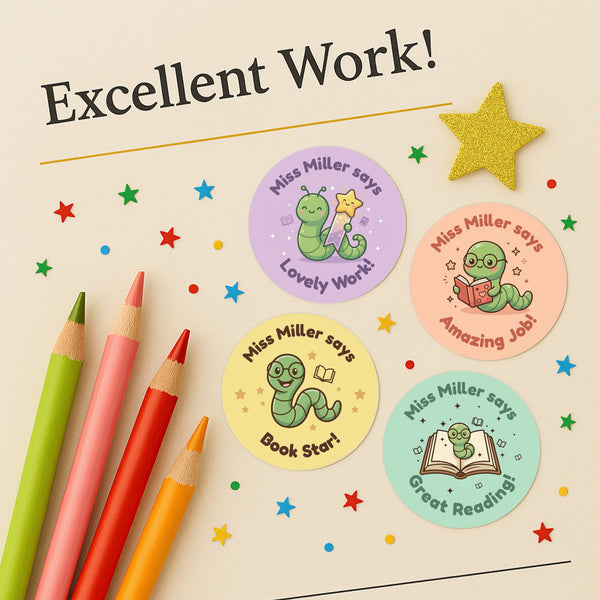 Personalised Bookworm Reward Stickers for Teachers | Cute Reading Classroom Praise Labels