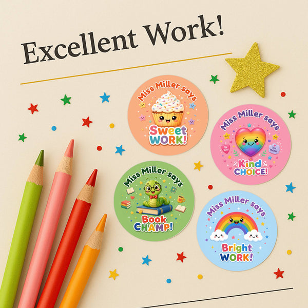 Personalised Bright Reward Stickers for Teachers | Colourful Classroom Praise Labels