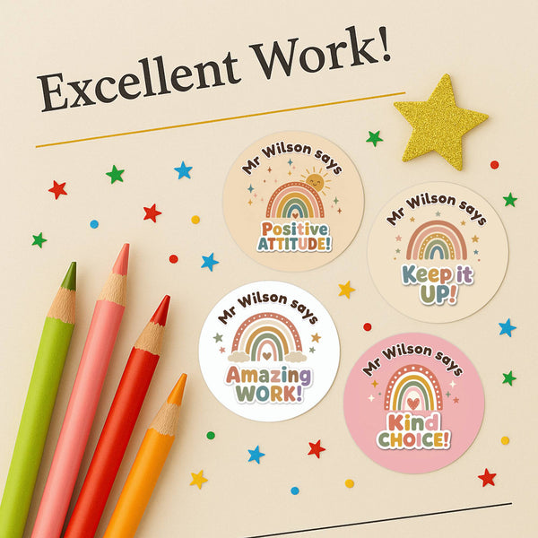 Personalised Boho Rainbow Reward Stickers for Teachers | Neutral Classroom Praise Labels