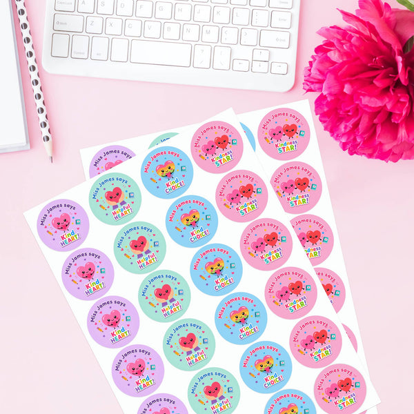 Personalised Kindness Reward Stickers for Teachers | Heart Classroom Praise Labels