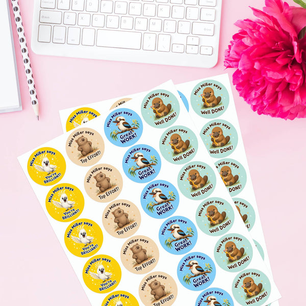 Personalised Australian Animal Reward Stickers for Teachers | Cute Classroom Praise Labels