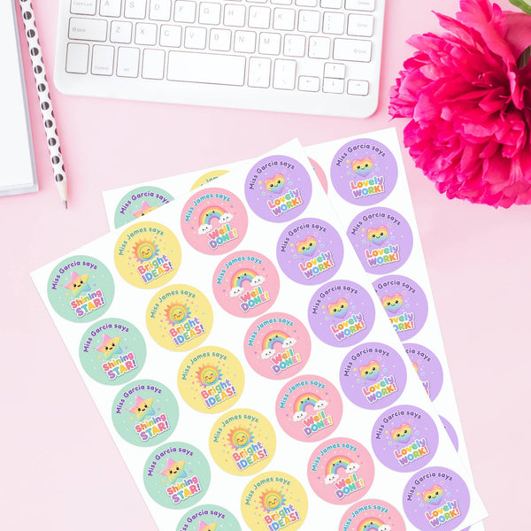 Personalised Pastel Rainbow Reward Stickers for Teachers | Cute Classroom Praise Labels