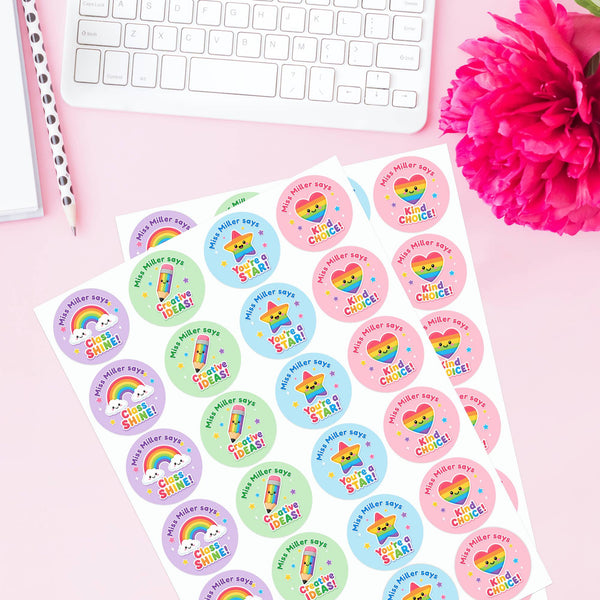 Personalised Rainbow Reward Stickers for Teachers | Colourful Classroom Praise Labels
