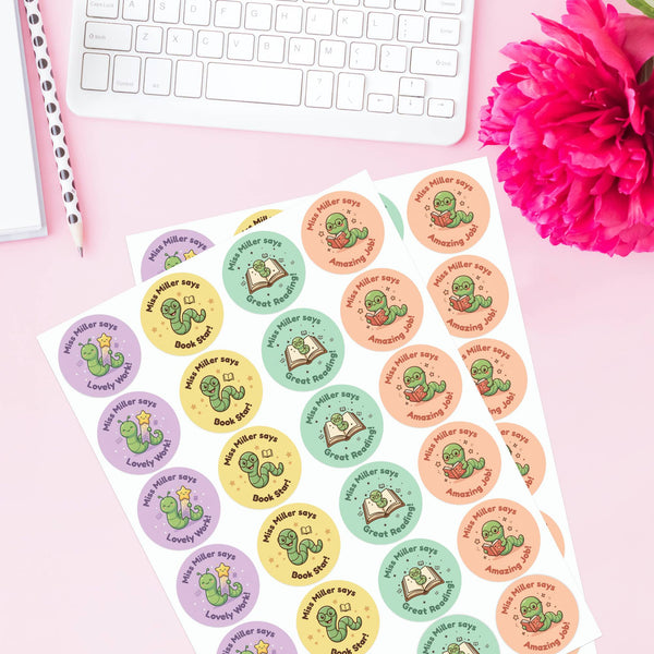 Personalised Bookworm Reward Stickers for Teachers | Cute Reading Classroom Praise Labels