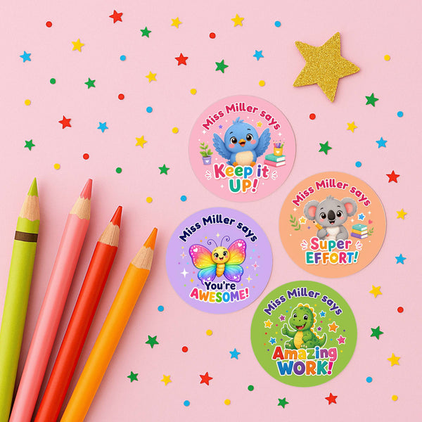 Personalised Animal Reward Stickers for Teachers | Bright Classroom Praise Labels