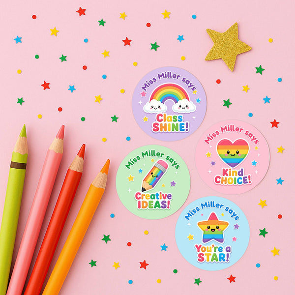 Personalised Rainbow Reward Stickers for Teachers | Colourful Classroom Praise Labels