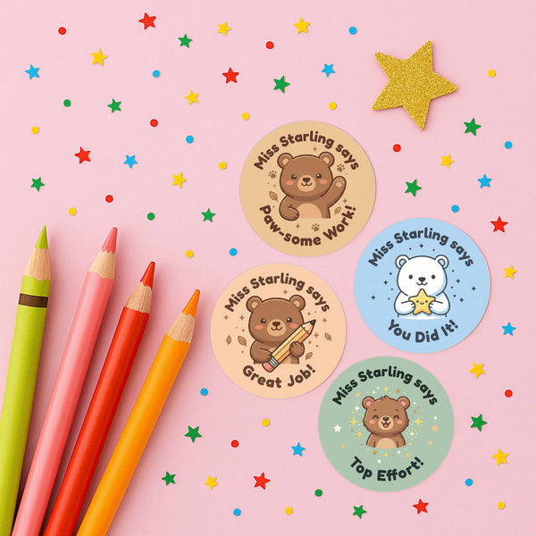 Personalised Bear Reward Stickers for Teachers | Cute Classroom Praise Labels