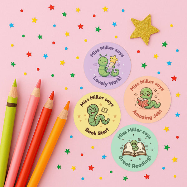 Personalised Bookworm Reward Stickers for Teachers | Cute Reading Classroom Praise Labels