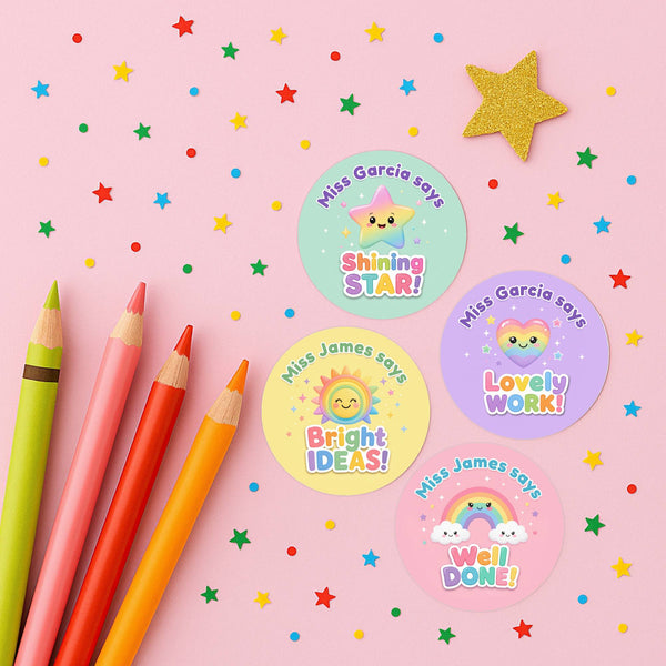Personalised Pastel Rainbow Reward Stickers for Teachers | Cute Classroom Praise Labels