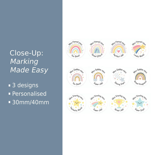 Personalised teacher reward stickers with rainbows, stars, and trophy designs in a 3-pack bundle.