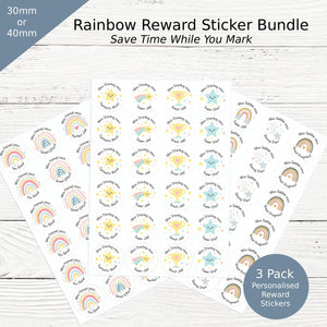 3 Pack Personalised Rainbow Teacher Reward Stickers – Classroom Marking Starter Bundle (30mm/40mm)