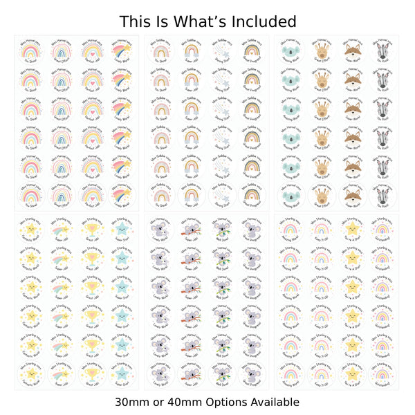 Six sheets of round reward stickers with rainbows, animals, stars, and encouraging text.