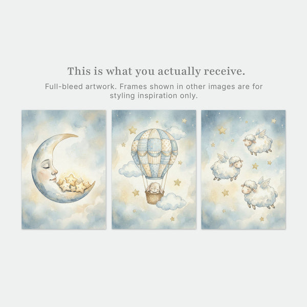 Celestial Nursery Wall Art Set of 3 – Moon, Hot Air Balloon & Flying Sheep Watercolour Prints – Neutral Baby Decor