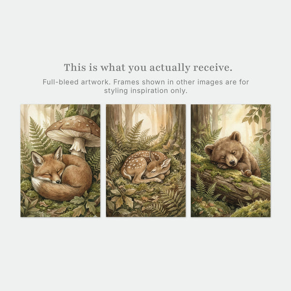 Woodland Nursery Wall Art Set of 3 - Sleeping Fox, Bear & Fawn Watercolor Prints - Forest Theme Decor