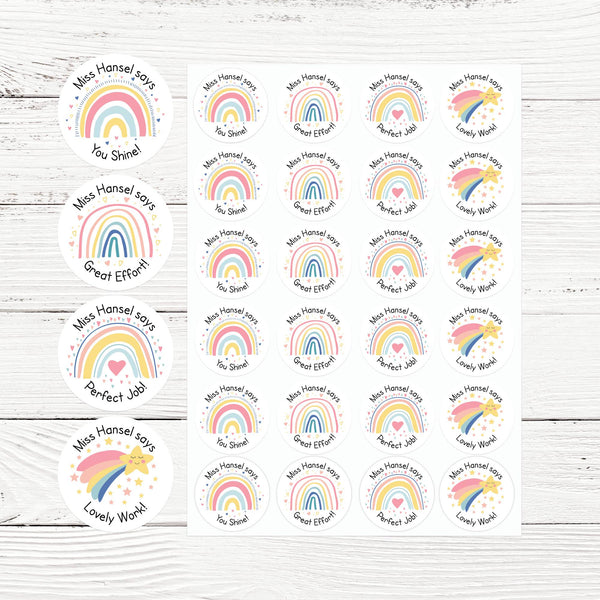 Personalised teacher stickers bundle, 6 cute animal and rainbow designs, assorted shapes, for praise and marking.