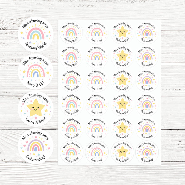 Personalised teacher stickers bundle, 6 cute animal and rainbow designs, assorted shapes, for praise and marking.