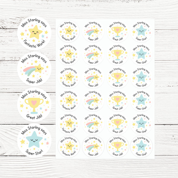 Personalised teacher stickers bundle, 6 cute animal and rainbow designs, assorted shapes, for praise and marking.