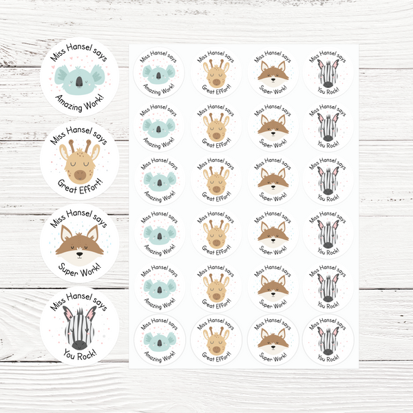 Personalised teacher stickers bundle, 6 cute animal and rainbow designs, assorted shapes, for praise and marking.
