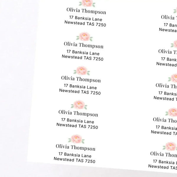 Floral Peony Personalised Address Labels 70 × 25 mm | Blush Wedding Return Address Stickers - Sticksy Prints Australia