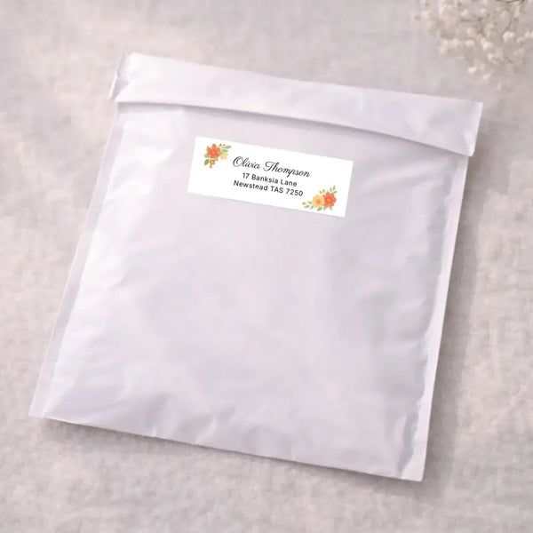 Floral Script Address Labels 70 × 25 mm | Personalised Return Address Stickers - Sticksy Prints Australia