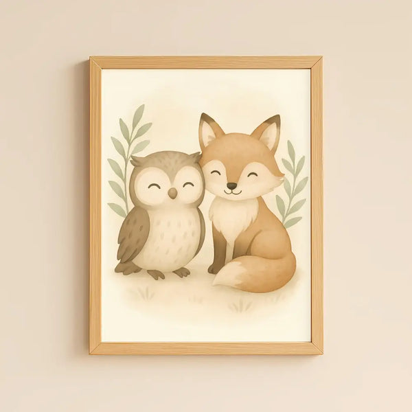 Fox and Owl Nursery Wall Art Print | Woodland Animal Watercolour | Digital Download
