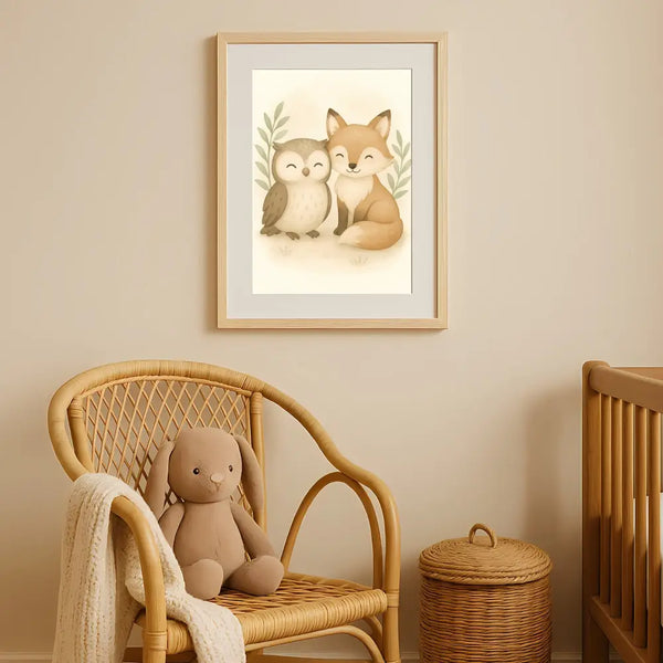 Fox and Owl Nursery Wall Art Print | Woodland Animal Watercolour | Digital Download
