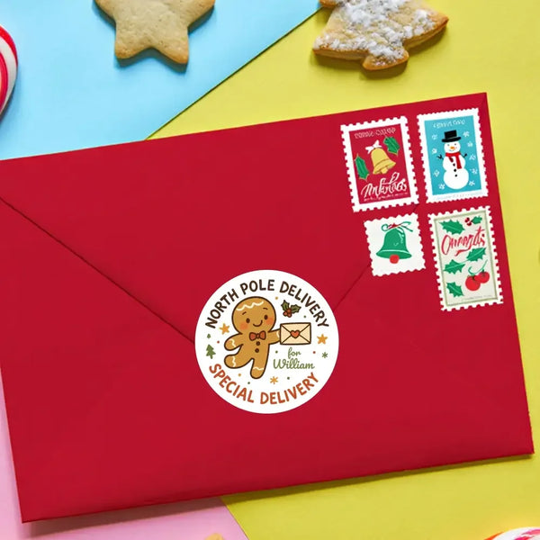 Gingerbread Personalised Christmas Stickers – North Pole Delivery Label - Sticksy Prints Australia