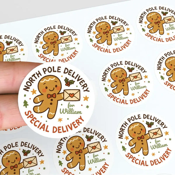 Gingerbread Personalised Christmas Stickers – North Pole Delivery Label - Sticksy Prints Australia