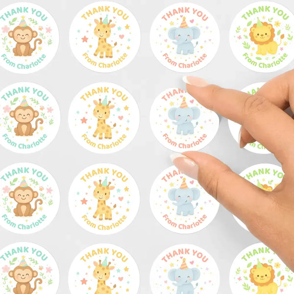 Jungle Animal Thank You Stickers – Monkey, Lion, Giraffe & Elephant | Personalised Party Favour Labels - Sticksy Prints Australia