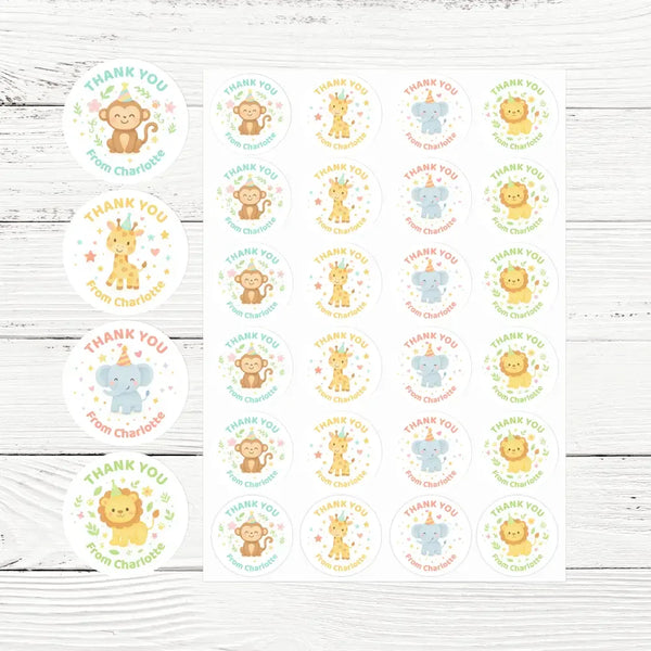 Jungle Animal Thank You Stickers – Monkey, Lion, Giraffe & Elephant | Personalised Party Favour Labels - Sticksy Prints Australia