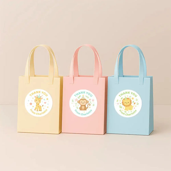 Jungle Animal Thank You Stickers – Monkey, Lion, Giraffe & Elephant | Personalised Party Favour Labels - Sticksy Prints Australia